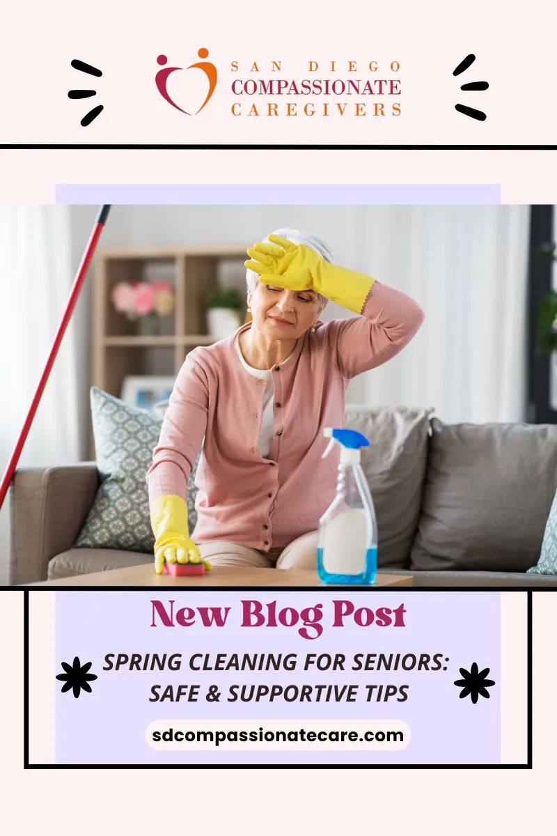 An older woman wearing rubber gloves while wiping a table during spring cleaning, used in a blog about safe and supportive cleaning tips for seniors.