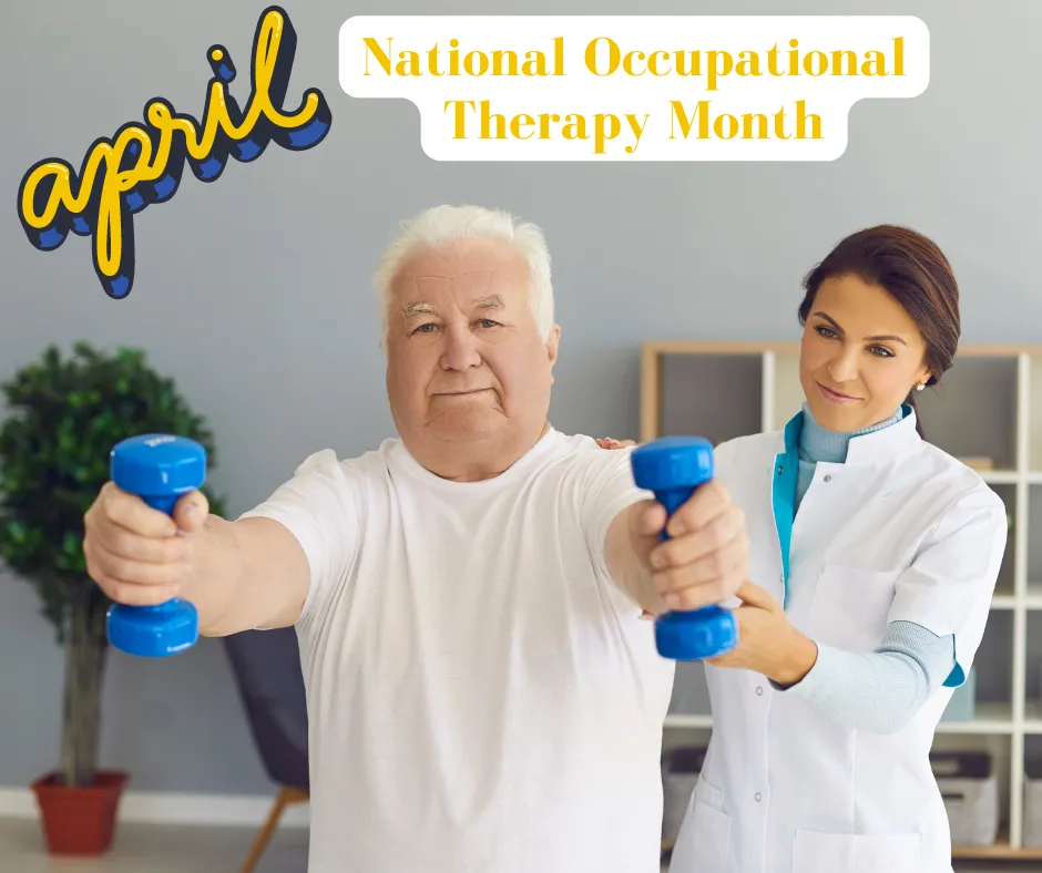 A senior man lifting small dumbbells under the guidance of an occupational therapist during National Occupational Therapy Month.