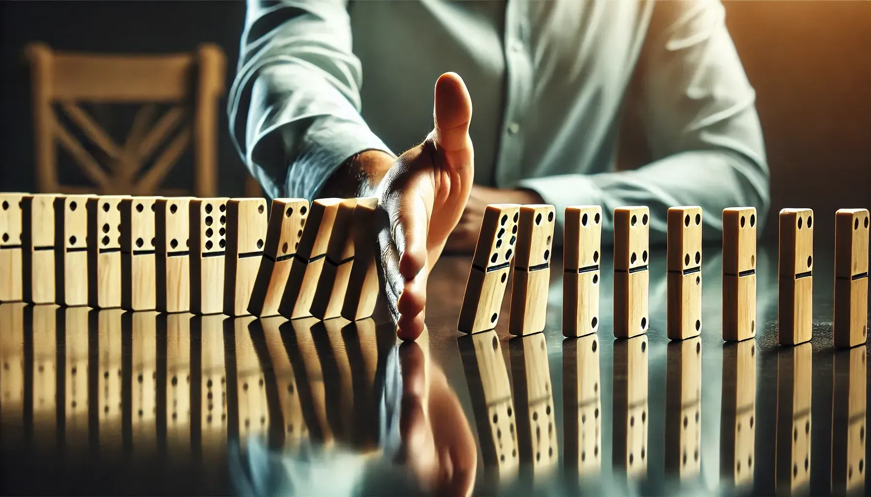 A person’s hand stopping a row of dominoes from collapsing, symbolizing fall prevention strategies and home safety.
