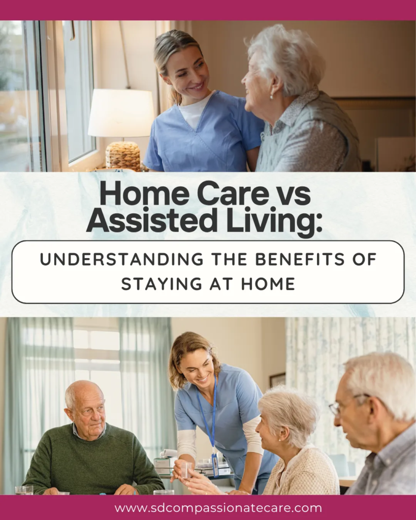 A caregiver leaning in to speak with an older woman sitting by a window, used in a blog comparing home care and assisted living options.