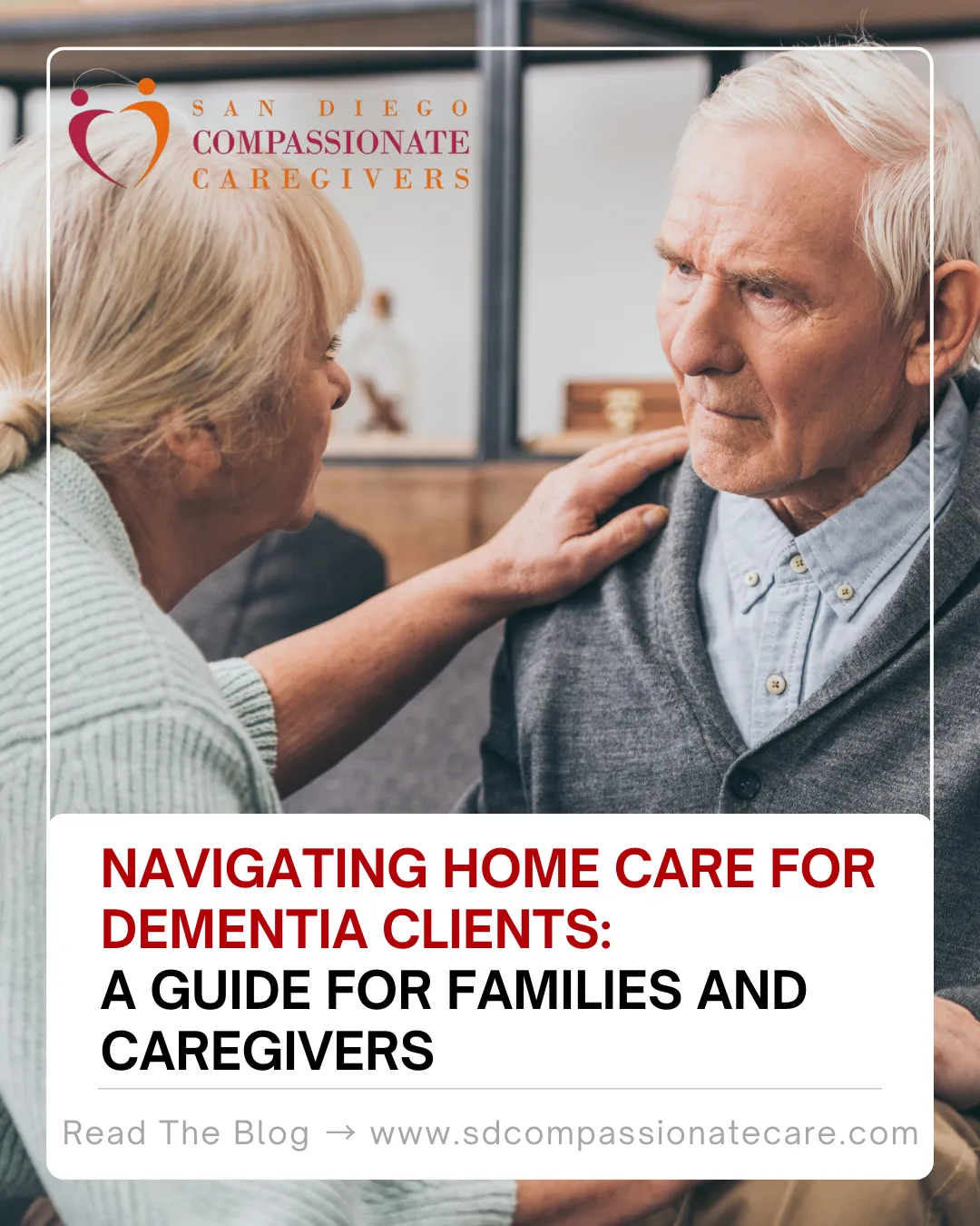 A caregiver gently touching the shoulder of an elderly man with dementia as they share a quiet moment, featured in a blog about navigating home care for dementia clients.