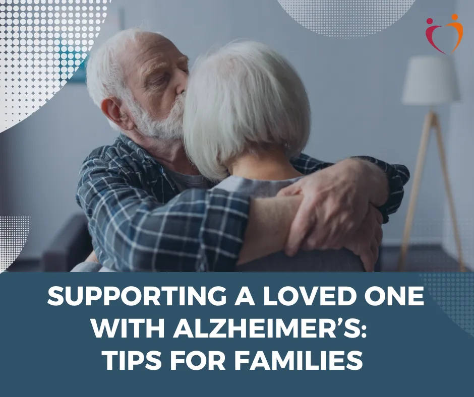 An older man gently hugging his wife from behind, illustrating a blog about supporting a loved one with Alzheimer’s.