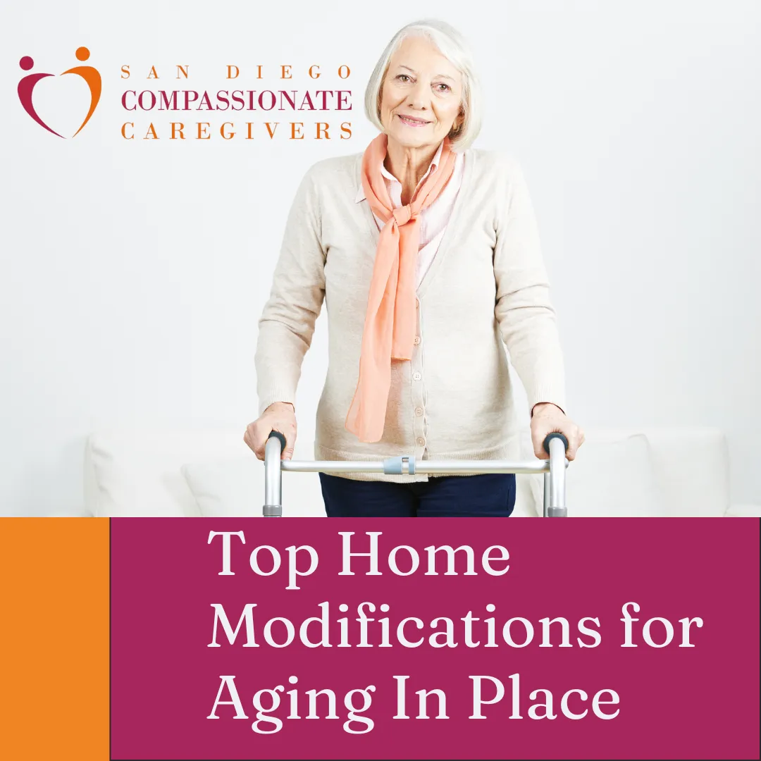 A smiling senior woman standing with a walker in her living room beside a banner about top home modifications for aging in place.