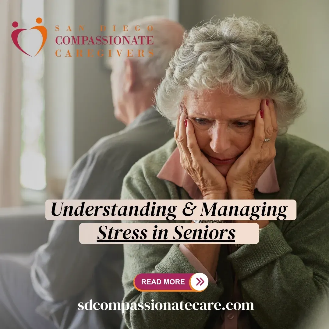 An older woman sitting with her head in her hands, appearing stressed while a man sits in the background, used for a blog about understanding and managing stress in seniors.