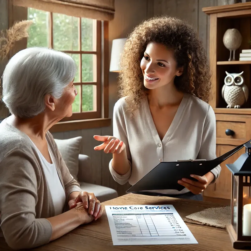 A care coordinator holding a clipboard and explaining home care service pricing to an older woman at a table.