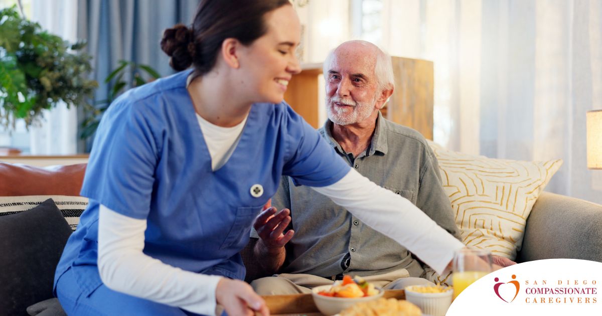 Caregiver providing senior care at home to manage parkinson’s and related symptoms.