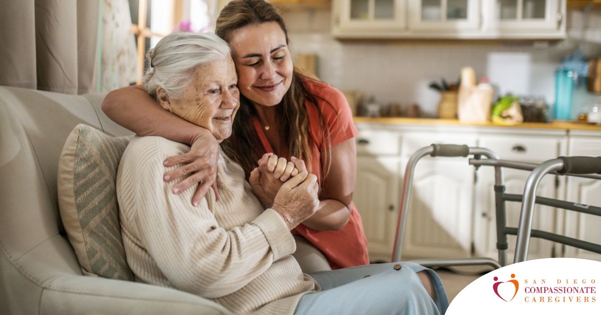 Caregiver supporting an elderly woman in the transition to senior home care
