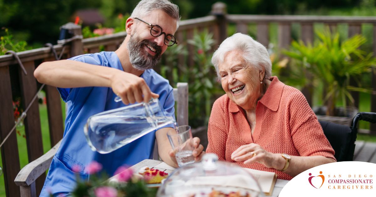 A caregiver applies summer Caregiving Tips including helping a senior stay hydrated.