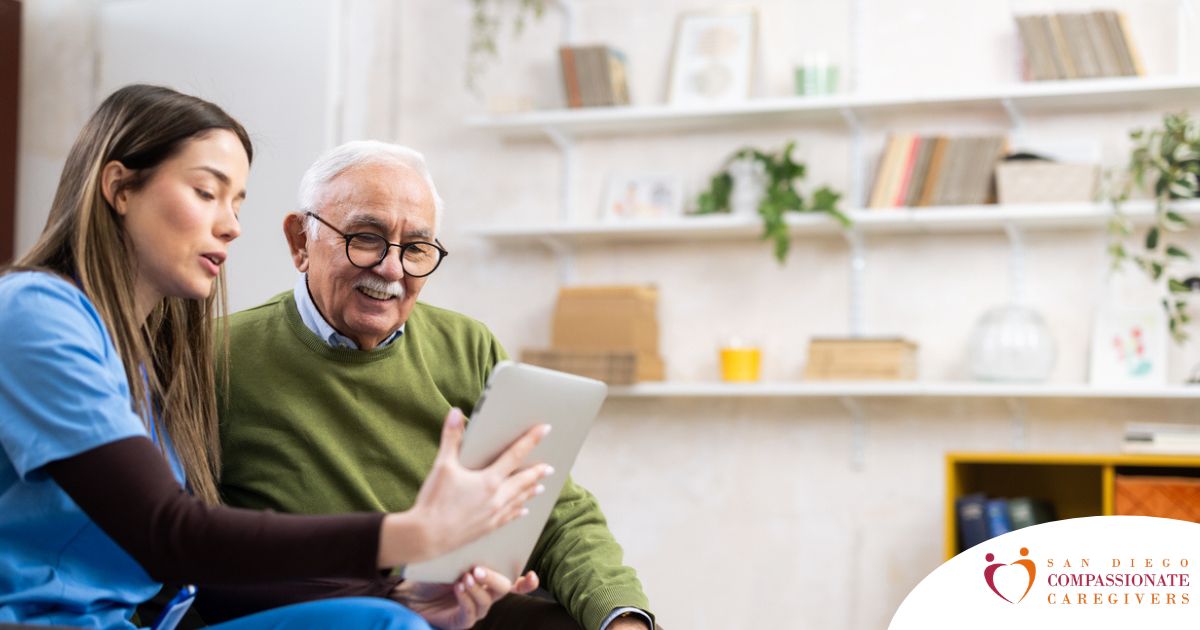 Home caregiver assisting senior man to use telehealth and senior care