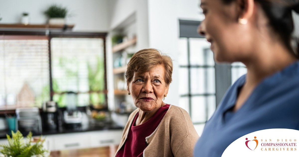 Caregiver provides attentive senior care as part of diabetes awareness