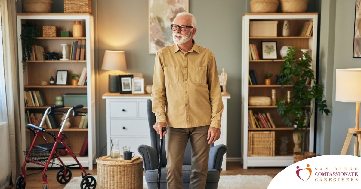 Exploring fall prevention for seniors — an elderly man stands in a safely arranged room.